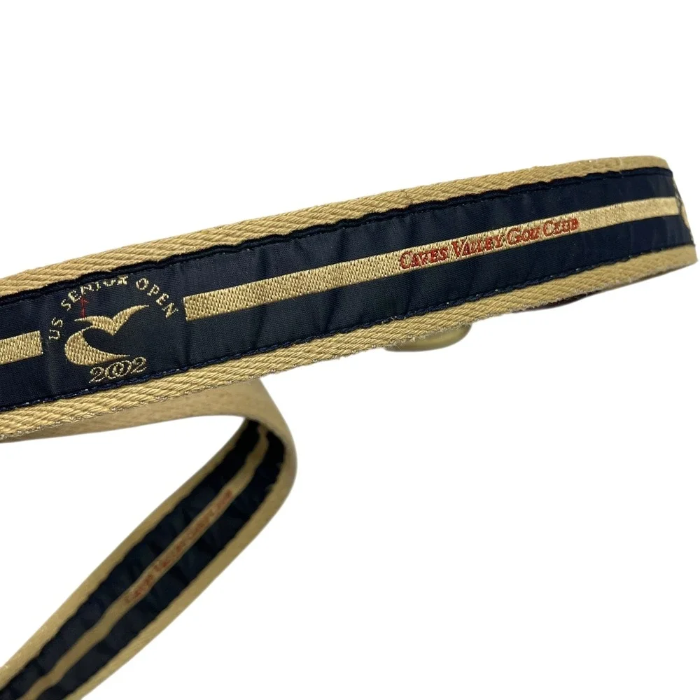 Vintage YRI Men's Golf Belt 42/105 Caves MD 2002 US Senior Open Design‎ Tan Navy